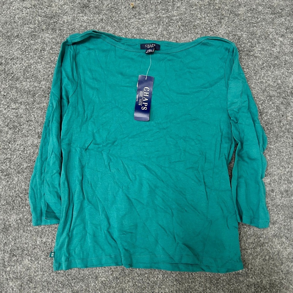 Chaps Shirt Womens Size L Teal Green Cotton Boat Neck 3/4 Sleeve Casual Pocket